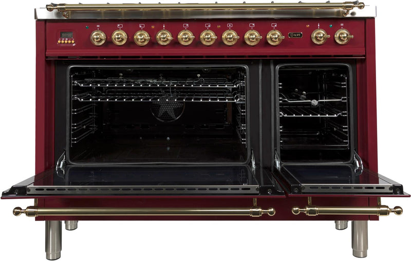 ILVE 48" Nostalgie - Dual Fuel Range with 7 Sealed Burners - 5 cu. ft. Oven - Griddle with Brass Trim in Burgundy (UPN120FDMPRB)