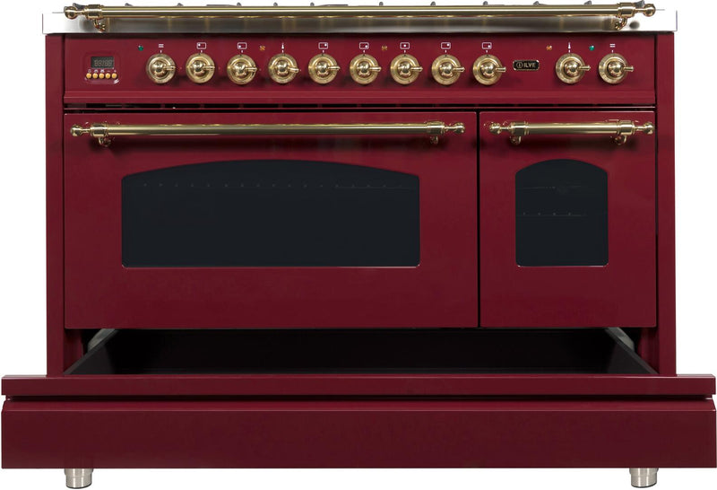 ILVE 48" Nostalgie - Dual Fuel Range with 7 Sealed Burners - 5 cu. ft. Oven - Griddle with Brass Trim in Burgundy (UPN120FDMPRB)