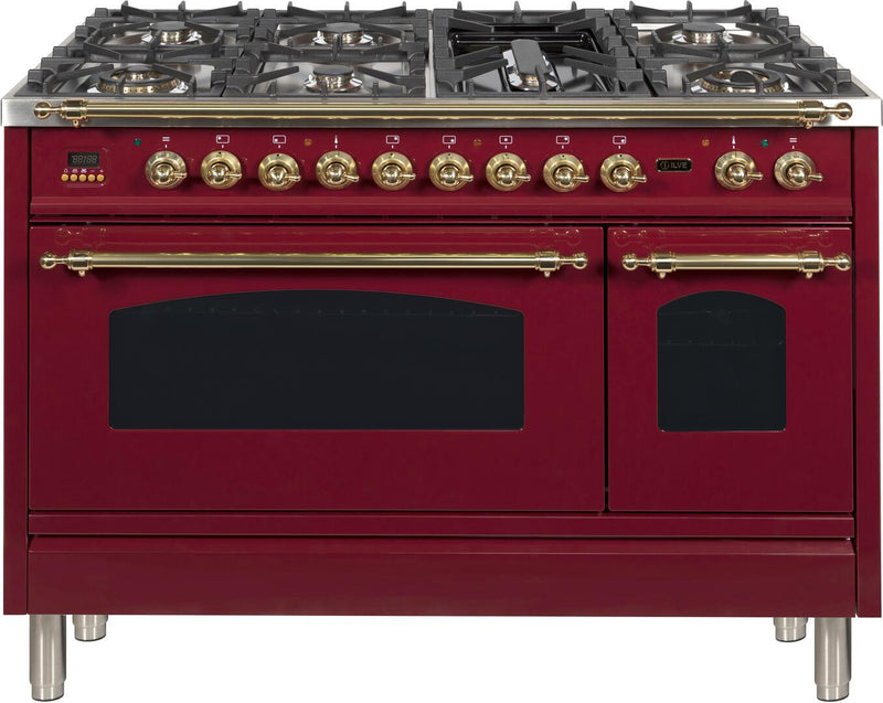 ILVE 48" Nostalgie - Dual Fuel Range with 7 Sealed Burners - 5 cu. ft. Oven - Griddle with Brass Trim in Burgundy (UPN120FDMPRB)