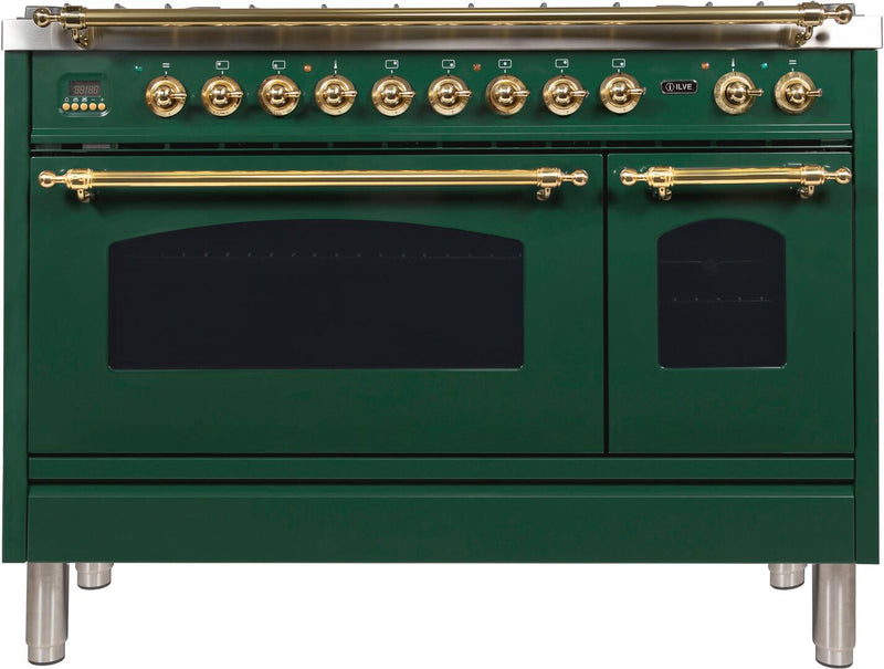 ILVE 48" Nostalgie - Dual Fuel Range with 7 Sealed Burners - 5 cu. ft. Oven - Griddle with Brass Trim in Emerald Green (UPN120FDMPVS)