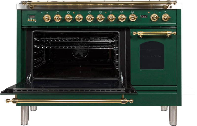 ILVE 48" Nostalgie - Dual Fuel Range with 7 Sealed Burners - 5 cu. ft. Oven - Griddle with Brass Trim in Emerald Green (UPN120FDMPVS)