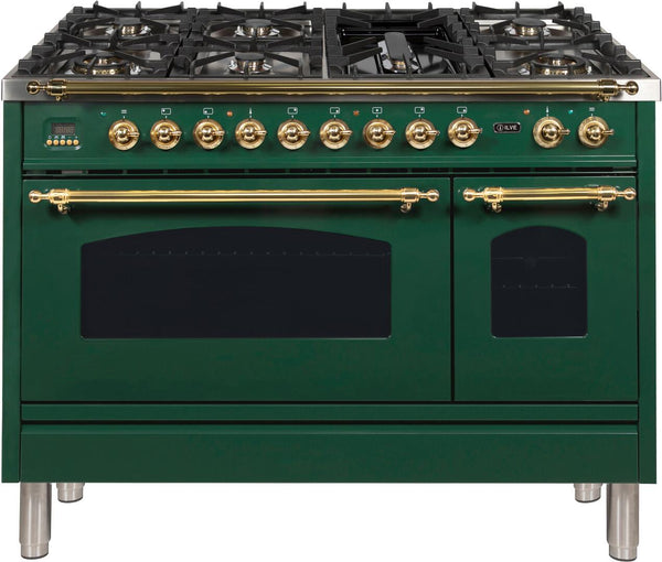 ILVE 48" Nostalgie - Dual Fuel Range with 7 Sealed Burners - 5 cu. ft. Oven - Griddle with Brass Trim in Emerald Green (UPN120FDMPVS)