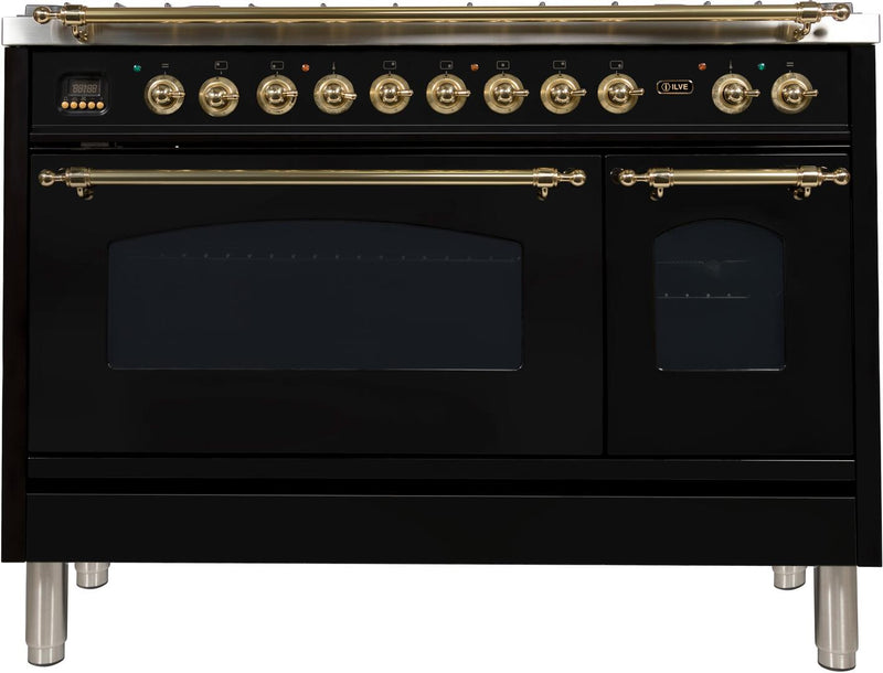 ILVE 48" Nostalgie - Dual Fuel Range with 7 Sealed Burners - 5 cu. ft. Oven - Griddle with Brass Trim in Glossy Black (UPN120FDMPN)