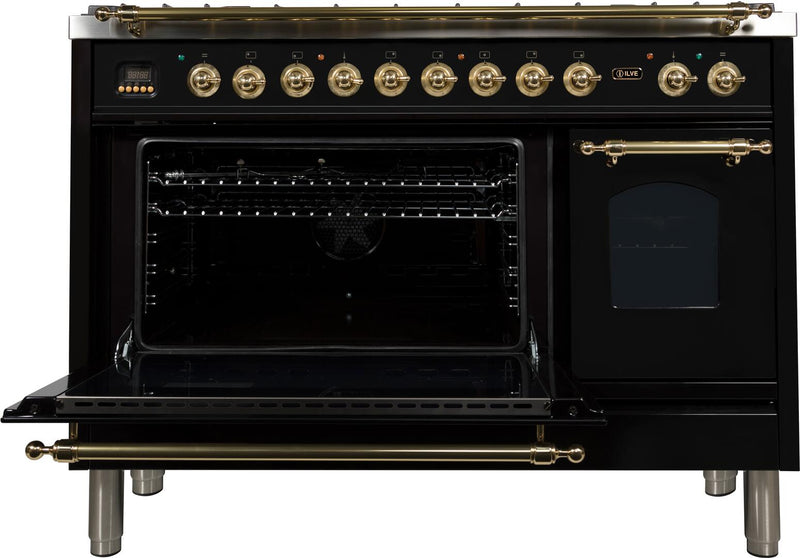 ILVE 48" Nostalgie - Dual Fuel Range with 7 Sealed Burners - 5 cu. ft. Oven - Griddle with Brass Trim in Glossy Black (UPN120FDMPN)