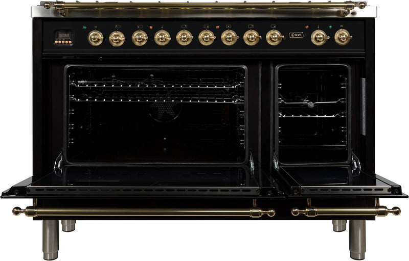 ILVE 48" Nostalgie - Dual Fuel Range with 7 Sealed Burners - 5 cu. ft. Oven - Griddle with Brass Trim in Glossy Black (UPN120FDMPN)