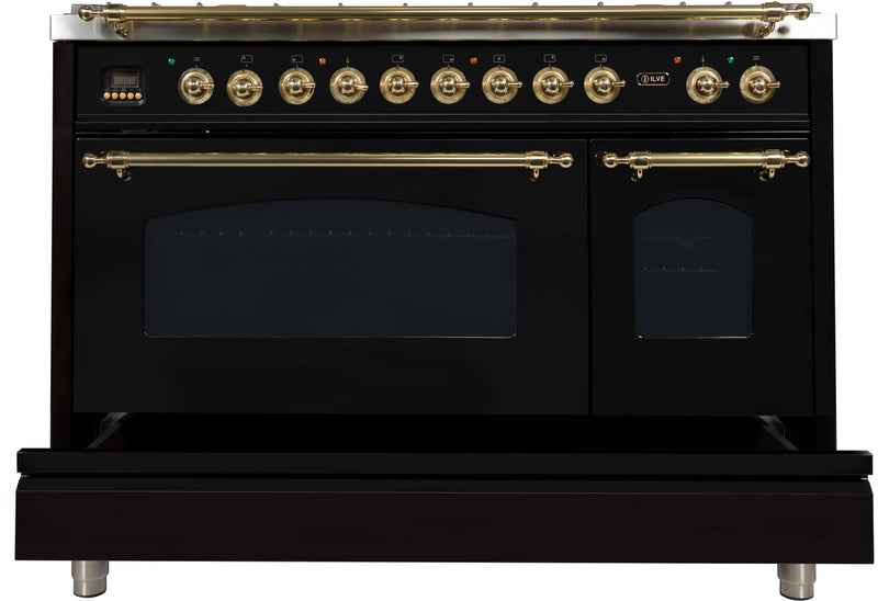 ILVE 48" Nostalgie - Dual Fuel Range with 7 Sealed Burners - 5 cu. ft. Oven - Griddle with Brass Trim in Glossy Black (UPN120FDMPN)