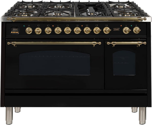 ILVE 48" Nostalgie - Dual Fuel Range with 7 Sealed Burners - 5 cu. ft. Oven - Griddle with Brass Trim in Glossy Black (UPN120FDMPN)