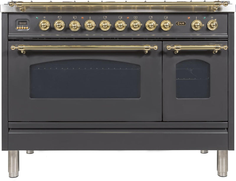 ILVE 48" Nostalgie - Dual Fuel Range with 7 Sealed Burners - 5 cu. ft. Oven - Griddle with Brass Trim in Matte Graphite (UPN120FDMPM)