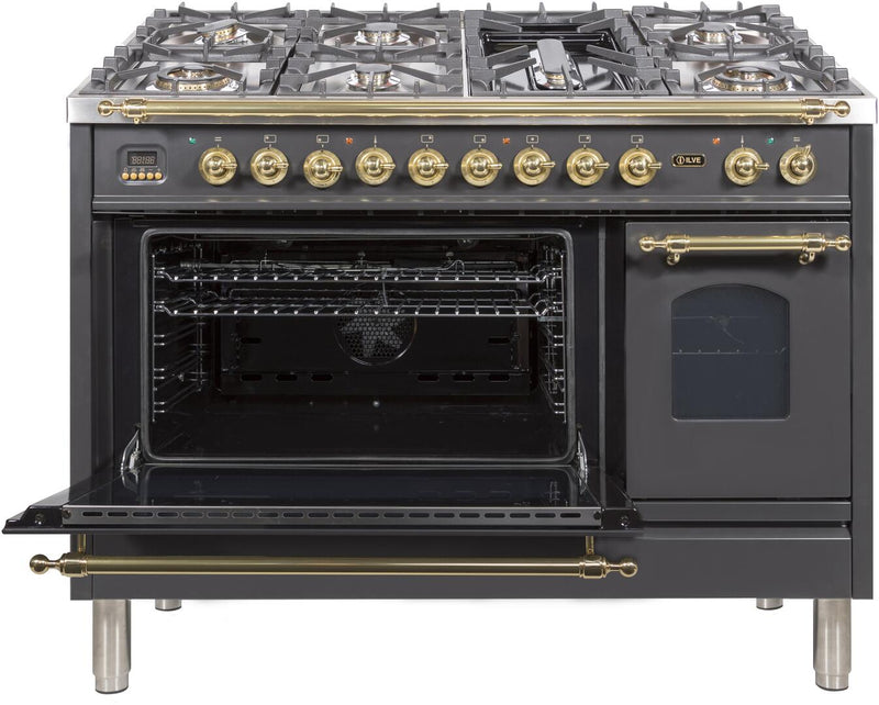 ILVE 48" Nostalgie - Dual Fuel Range with 7 Sealed Burners - 5 cu. ft. Oven - Griddle with Brass Trim in Matte Graphite (UPN120FDMPM)