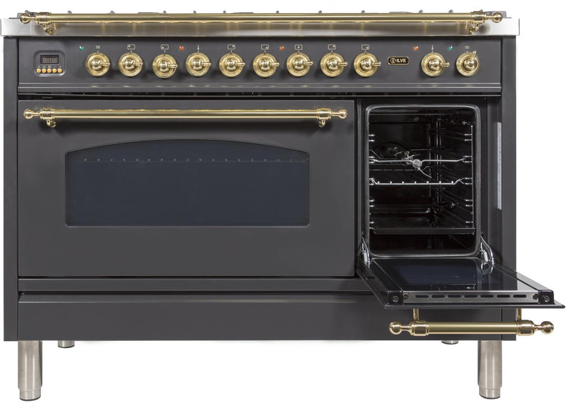 ILVE 48" Nostalgie - Dual Fuel Range with 7 Sealed Burners - 5 cu. ft. Oven - Griddle with Brass Trim in Matte Graphite (UPN120FDMPM)