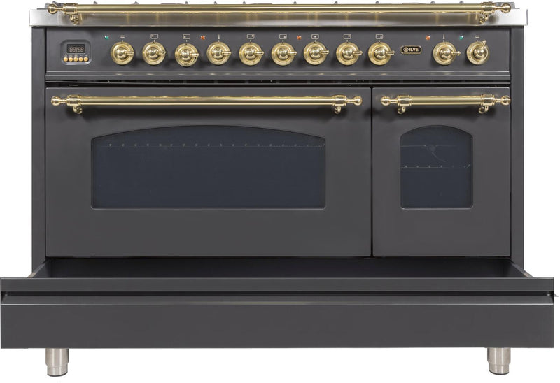 ILVE 48" Nostalgie - Dual Fuel Range with 7 Sealed Burners - 5 cu. ft. Oven - Griddle with Brass Trim in Matte Graphite (UPN120FDMPM)