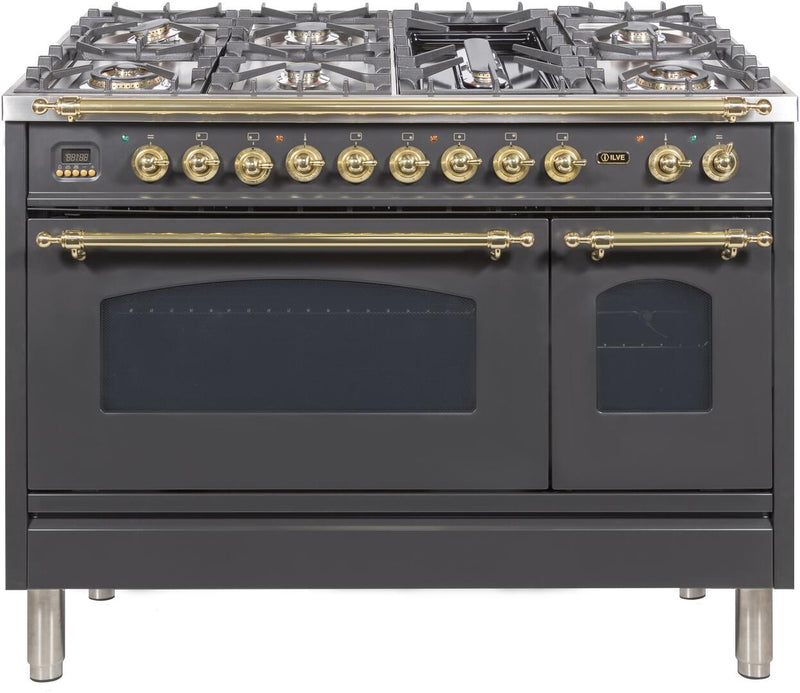 ILVE 48" Nostalgie - Dual Fuel Range with 7 Sealed Burners - 5 cu. ft. Oven - Griddle with Brass Trim in Matte Graphite (UPN120FDMPM)