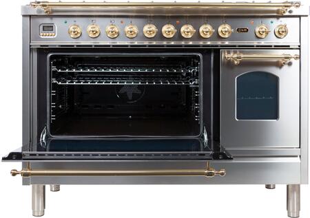 ILVE 48" Nostalgie - Dual Fuel Range with 7 Sealed Burners - 5 cu. ft. Oven - Griddle with Brass Trim in Stainless Steel (UPN120FDMPI)