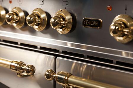 ILVE 48" Nostalgie - Dual Fuel Range with 7 Sealed Burners - 5 cu. ft. Oven - Griddle with Brass Trim in Stainless Steel (UPN120FDMPI)