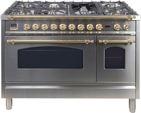 ILVE 48" Nostalgie - Dual Fuel Range with 7 Sealed Burners - 5 cu. ft. Oven - Griddle with Brass Trim in Stainless Steel (UPN120FDMPI)