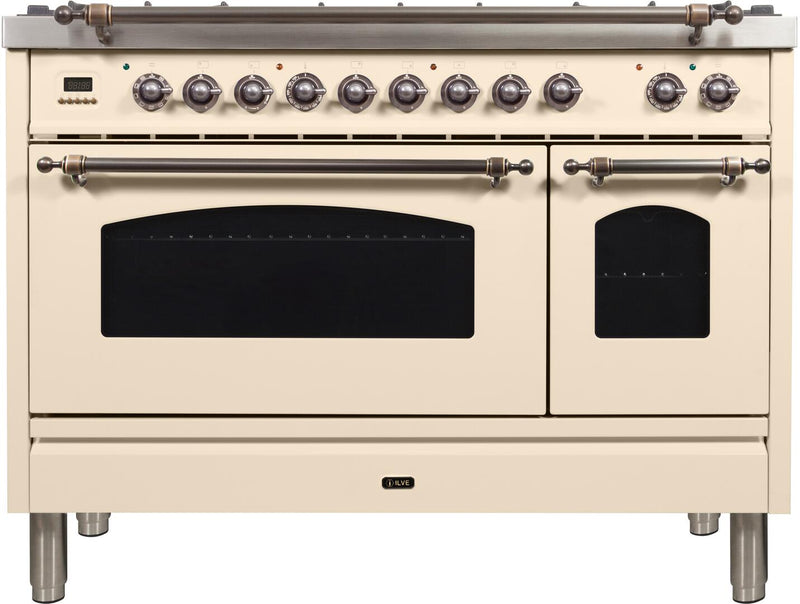 ILVE 48" Nostalgie - Dual Fuel Range with 7 Sealed Burners - 5 cu. ft. Oven - Griddle with Bronze Trim in Antique White (UPN120FDMPAY)