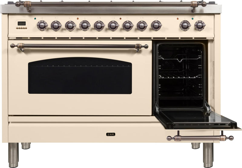 ILVE 48" Nostalgie - Dual Fuel Range with 7 Sealed Burners - 5 cu. ft. Oven - Griddle with Bronze Trim in Antique White (UPN120FDMPAY)