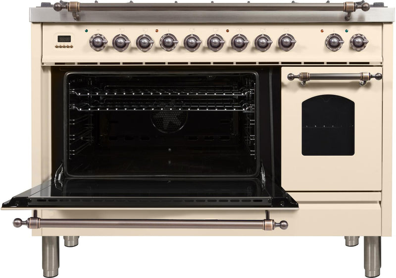 ILVE 48" Nostalgie - Dual Fuel Range with 7 Sealed Burners - 5 cu. ft. Oven - Griddle with Bronze Trim in Antique White (UPN120FDMPAY)