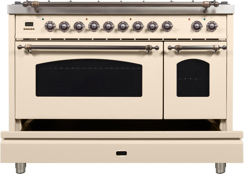 ILVE 48" Nostalgie - Dual Fuel Range with 7 Sealed Burners - 5 cu. ft. Oven - Griddle with Bronze Trim in Antique White (UPN120FDMPAY)