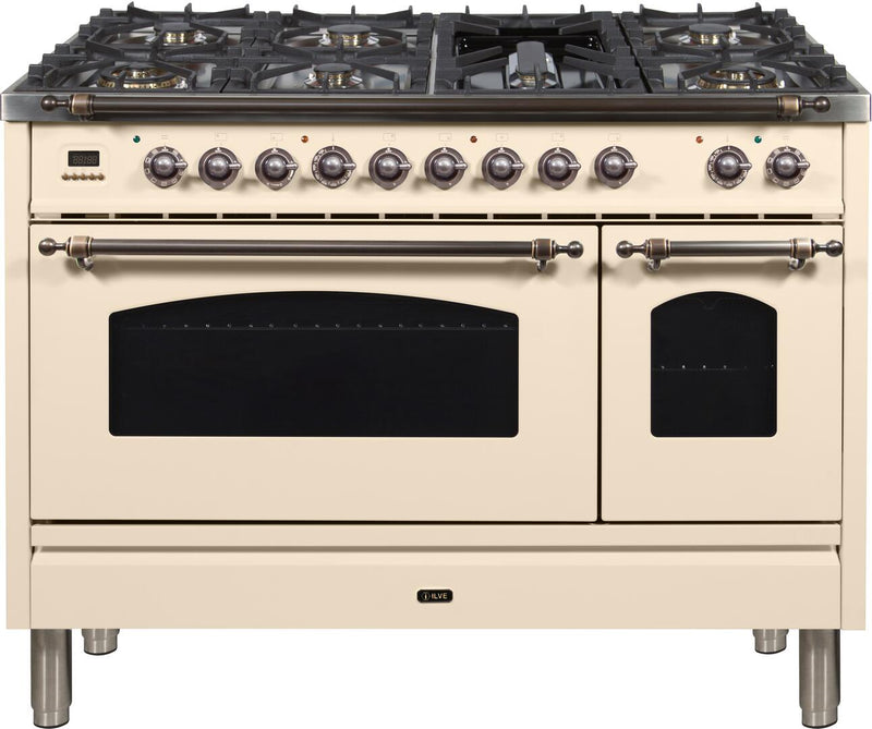 ILVE 48" Nostalgie - Dual Fuel Range with 7 Sealed Burners - 5 cu. ft. Oven - Griddle with Bronze Trim in Antique White (UPN120FDMPAY)