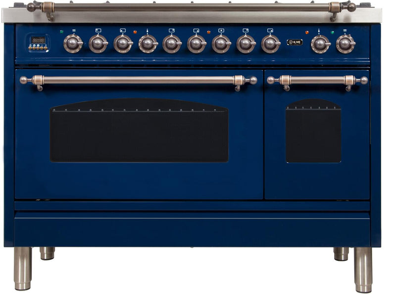 ILVE 48" Nostalgie - Dual Fuel Range with 7 Sealed Burners - 5 cu. ft. Oven - Griddle with Bronze Trim in Blue (UPN120FDMPBLY)