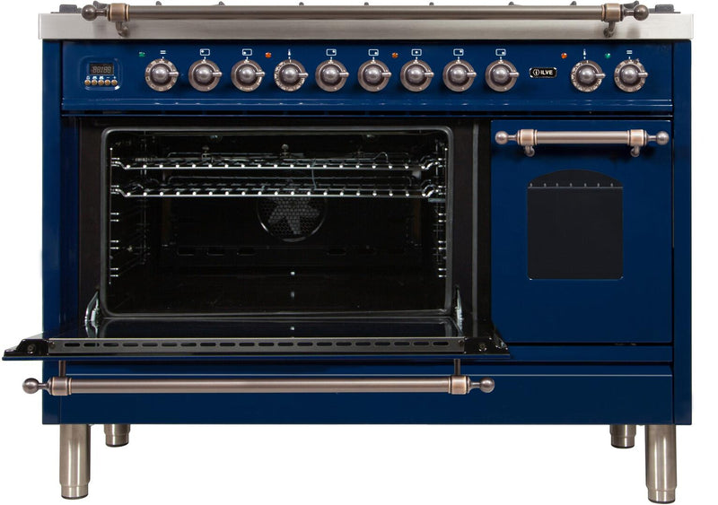 ILVE 48" Nostalgie - Dual Fuel Range with 7 Sealed Burners - 5 cu. ft. Oven - Griddle with Bronze Trim in Blue (UPN120FDMPBLY)