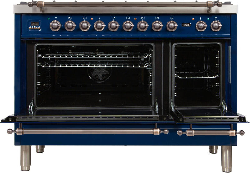 ILVE 48" Nostalgie - Dual Fuel Range with 7 Sealed Burners - 5 cu. ft. Oven - Griddle with Bronze Trim in Blue (UPN120FDMPBLY)