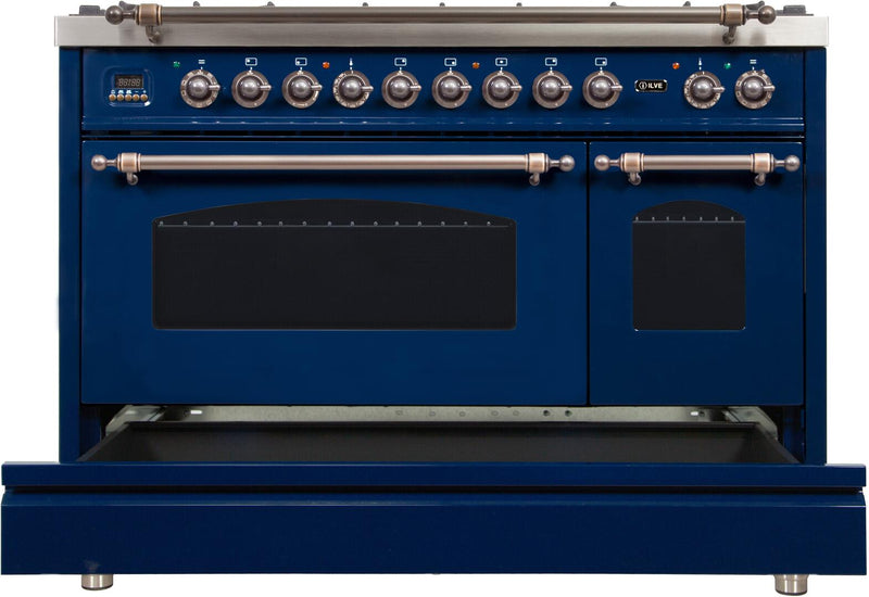 ILVE 48" Nostalgie - Dual Fuel Range with 7 Sealed Burners - 5 cu. ft. Oven - Griddle with Bronze Trim in Blue (UPN120FDMPBLY)