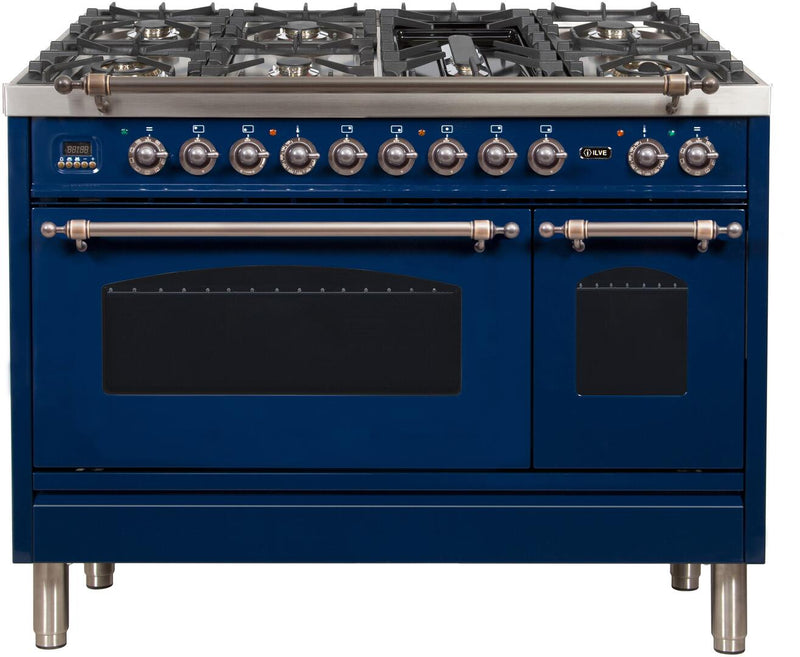 ILVE 48" Nostalgie - Dual Fuel Range with 7 Sealed Burners - 5 cu. ft. Oven - Griddle with Bronze Trim in Blue (UPN120FDMPBLY)