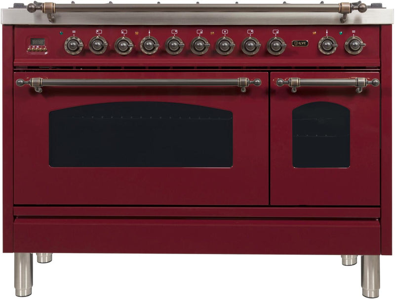 ILVE 48" Nostalgie - Dual Fuel Range with 7 Sealed Burners - 5 cu. ft. Oven - Griddle with Bronze Trim in Burgundy (UPN120FDMPRBY)