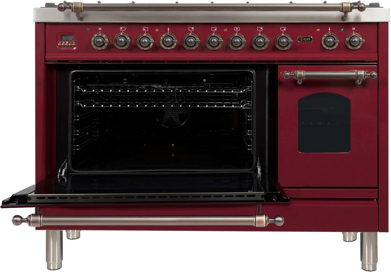 ILVE 48" Nostalgie - Dual Fuel Range with 7 Sealed Burners - 5 cu. ft. Oven - Griddle with Bronze Trim in Burgundy (UPN120FDMPRBY)