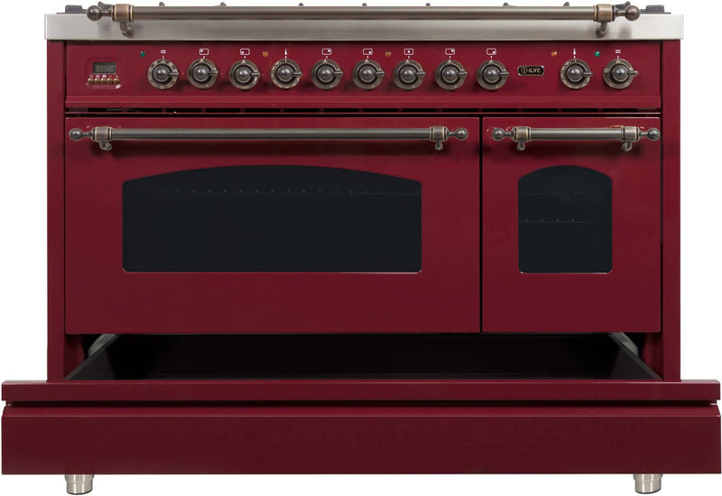 ILVE 48" Nostalgie - Dual Fuel Range with 7 Sealed Burners - 5 cu. ft. Oven - Griddle with Bronze Trim in Burgundy (UPN120FDMPRBY)