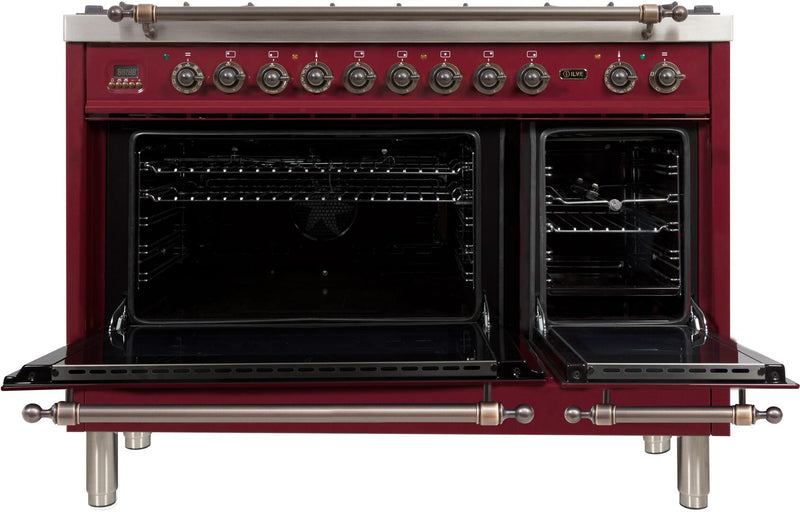 ILVE 48" Nostalgie - Dual Fuel Range with 7 Sealed Burners - 5 cu. ft. Oven - Griddle with Bronze Trim in Burgundy (UPN120FDMPRBY)