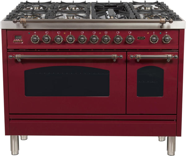 ILVE 48" Nostalgie - Dual Fuel Range with 7 Sealed Burners - 5 cu. ft. Oven - Griddle with Bronze Trim in Burgundy (UPN120FDMPRBY)