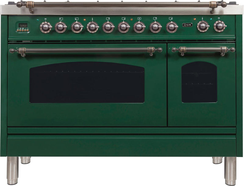 ILVE 48" Nostalgie - Dual Fuel Range with 7 Sealed Burners - 5 cu. ft. Oven - Griddle with Bronze Trim in Emerald Green (UPN120FDMPVSY)