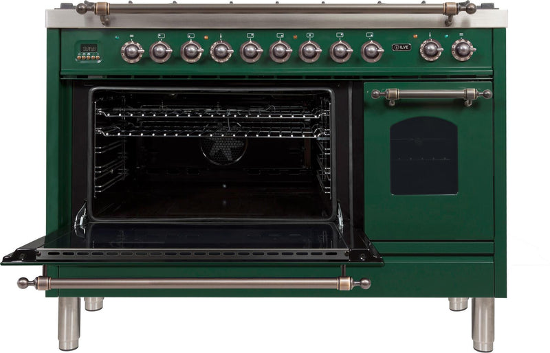 ILVE 48" Nostalgie - Dual Fuel Range with 7 Sealed Burners - 5 cu. ft. Oven - Griddle with Bronze Trim in Emerald Green (UPN120FDMPVSY)