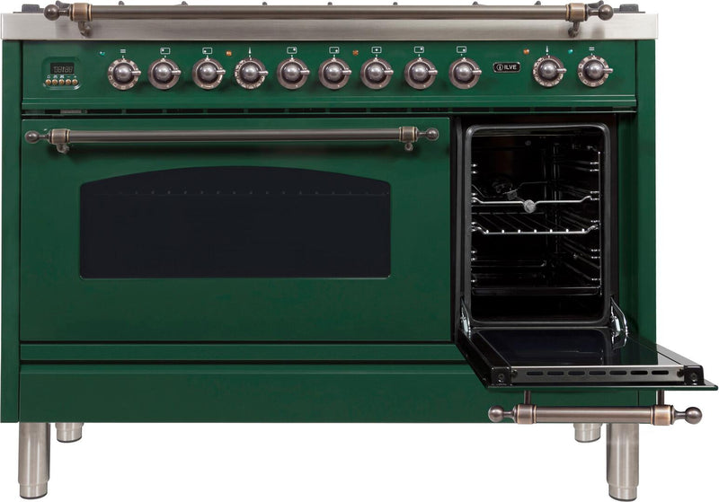 ILVE 48" Nostalgie - Dual Fuel Range with 7 Sealed Burners - 5 cu. ft. Oven - Griddle with Bronze Trim in Emerald Green (UPN120FDMPVSY)