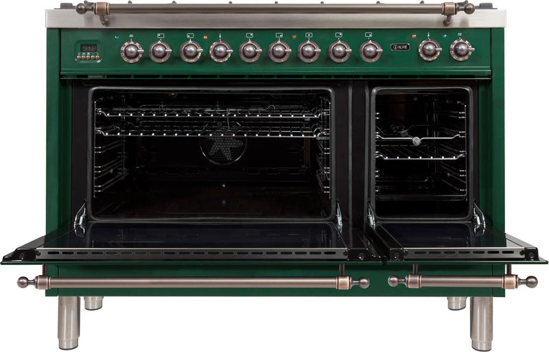 ILVE 48" Nostalgie - Dual Fuel Range with 7 Sealed Burners - 5 cu. ft. Oven - Griddle with Bronze Trim in Emerald Green (UPN120FDMPVSY)