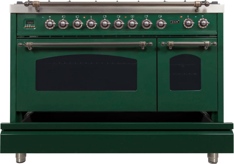 ILVE 48" Nostalgie - Dual Fuel Range with 7 Sealed Burners - 5 cu. ft. Oven - Griddle with Bronze Trim in Emerald Green (UPN120FDMPVSY)