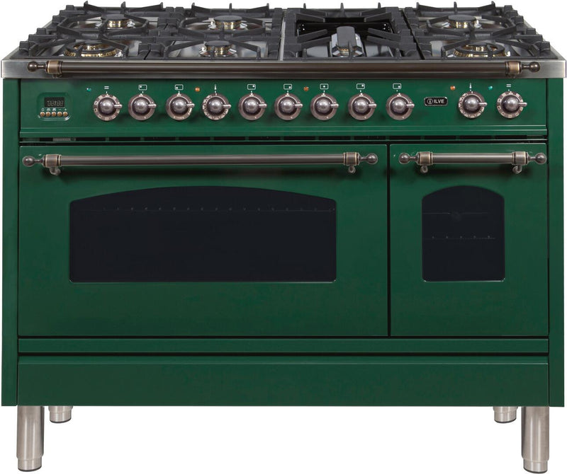 ILVE 48" Nostalgie - Dual Fuel Range with 7 Sealed Burners - 5 cu. ft. Oven - Griddle with Bronze Trim in Emerald Green (UPN120FDMPVSY)