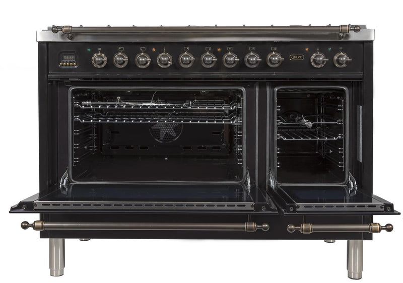 ILVE 48" Nostalgie - Dual Fuel Range with 7 Sealed Burners - 5 cu. ft. Oven - Griddle with Bronze Trim in Glossy Black (UPN120FDMPNY)