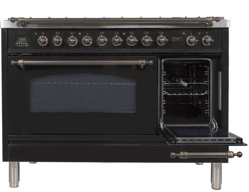 ILVE 48" Nostalgie - Dual Fuel Range with 7 Sealed Burners - 5 cu. ft. Oven - Griddle with Bronze Trim in Glossy Black (UPN120FDMPNY)