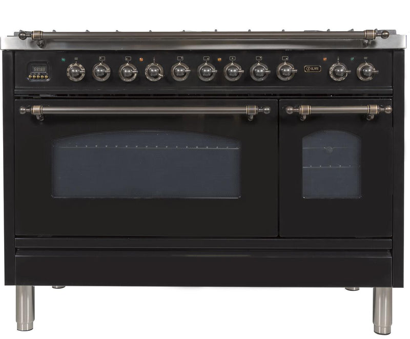 ILVE 48" Nostalgie - Dual Fuel Range with 7 Sealed Burners - 5 cu. ft. Oven - Griddle with Bronze Trim in Glossy Black (UPN120FDMPNY)