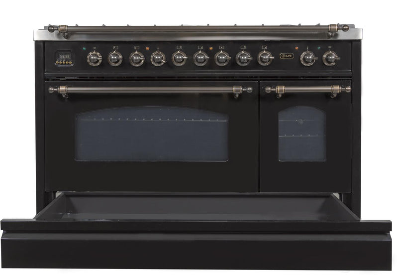 ILVE 48" Nostalgie - Dual Fuel Range with 7 Sealed Burners - 5 cu. ft. Oven - Griddle with Bronze Trim in Glossy Black (UPN120FDMPNY)