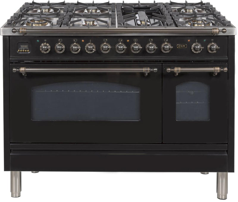 ILVE 48" Nostalgie - Dual Fuel Range with 7 Sealed Burners - 5 cu. ft. Oven - Griddle with Bronze Trim in Glossy Black (UPN120FDMPNY)