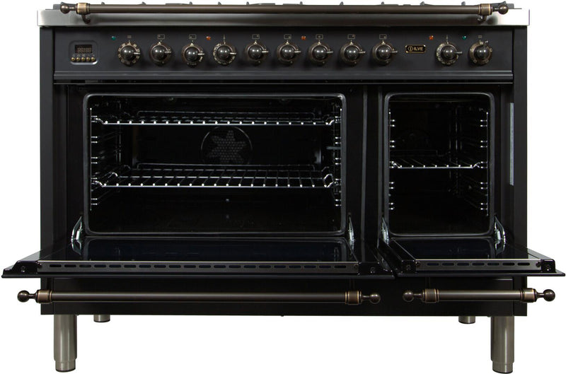 ILVE 48" Nostalgie - Dual Fuel Range with 7 Sealed Burners - 5 cu. ft. Oven - Griddle with Bronze Trim in Matte Graphite (UPN120FDMPMY)