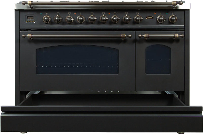 ILVE 48" Nostalgie - Dual Fuel Range with 7 Sealed Burners - 5 cu. ft. Oven - Griddle with Bronze Trim in Matte Graphite (UPN120FDMPMY)