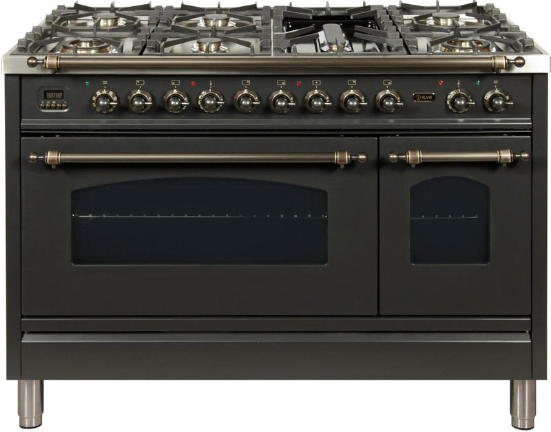 ILVE 48" Nostalgie - Dual Fuel Range with 7 Sealed Burners - 5 cu. ft. Oven - Griddle with Bronze Trim in Matte Graphite (UPN120FDMPMY)