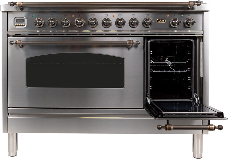 ILVE 48" Nostalgie - Dual Fuel Range with 7 Sealed Burners - 5 cu. ft. Oven - Griddle with Bronze Trim in Stainless Steel (UPN120FDMPIY)