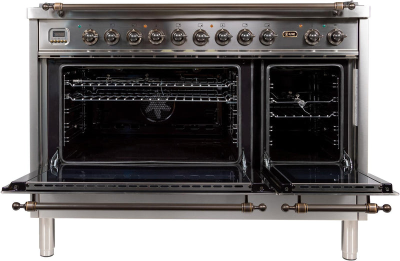 ILVE 48" Nostalgie - Dual Fuel Range with 7 Sealed Burners - 5 cu. ft. Oven - Griddle with Bronze Trim in Stainless Steel (UPN120FDMPIY)